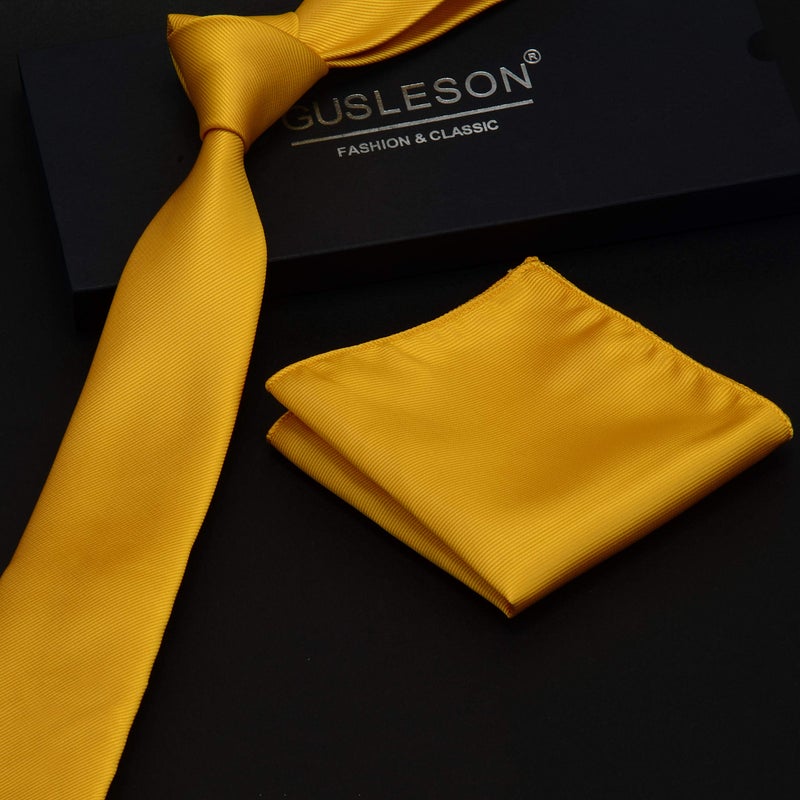 GUSLESON 2.4" Skinny Tie For Men Solid Gold Yellow Slim Necktie and Pocket Square Set (0754-19) - Image 3